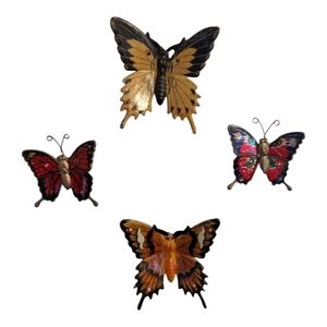 Vintage 4 Piece Enameled Metal & Wooden Butterfly Set Refrigerator Fridge Magnet